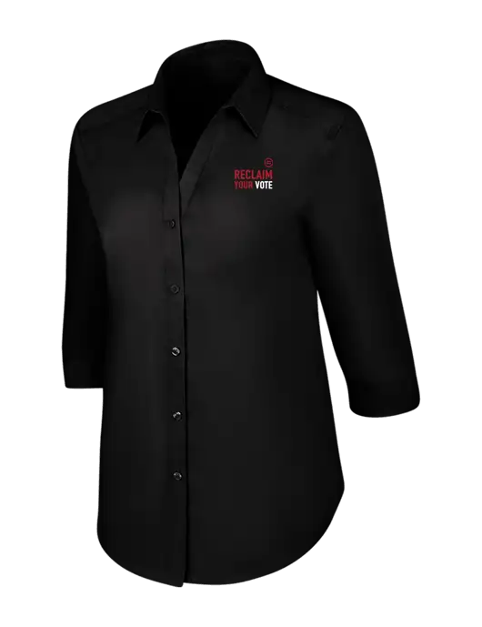 Womens Black 3/4 Sleeve Carefree Poplin Shirt w/Reclaim Your Vote Logo